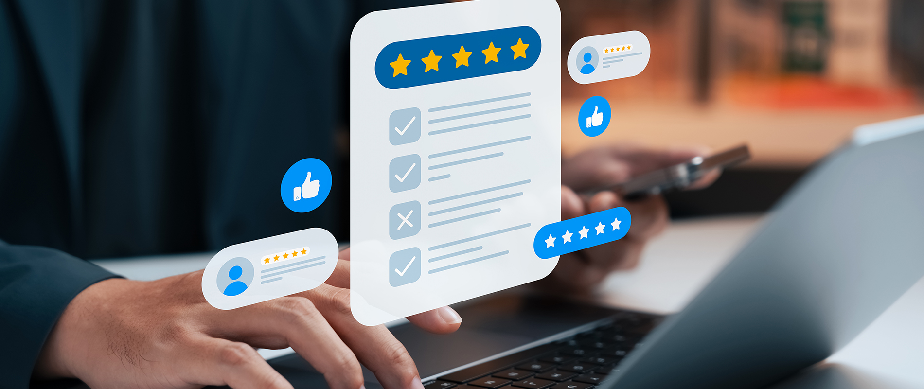 The image shows a person typing on a laptop with various digital icons overlaying the screen, suggesting an interface for communication or social media engagement.