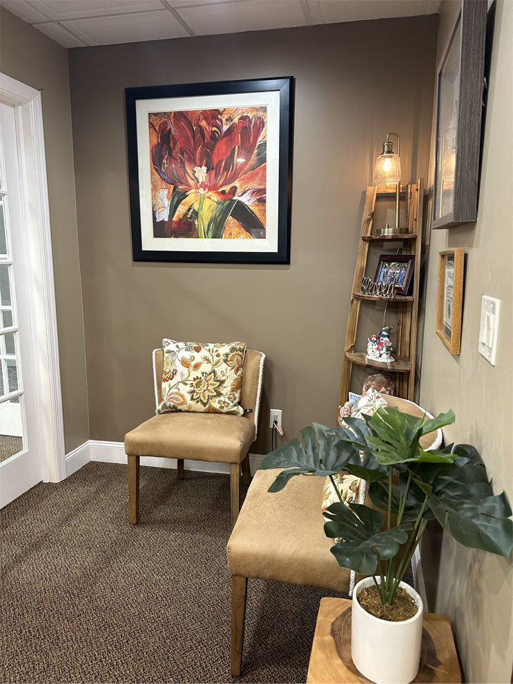 The image shows an interior space with a framed picture on the wall, a potted plant on a table, a bench with a pillow, and a lamp with a shade.